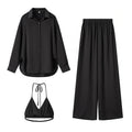 Solid Three Piece Set for Women Lapel Long Sleeve Loose T Shirts Halter Vest High Waist Pant Sets Female