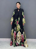 Printed Dress For Women Fashion O-neck Draped Lace Up Waist A-line Casual Vestido Robe Female Autumn
