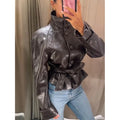 Stand Collar Faux Leather Cropped Jacket Waist Belted Button Long Sleeve Outerwear Winter New Street Women Daily Casual Outfit