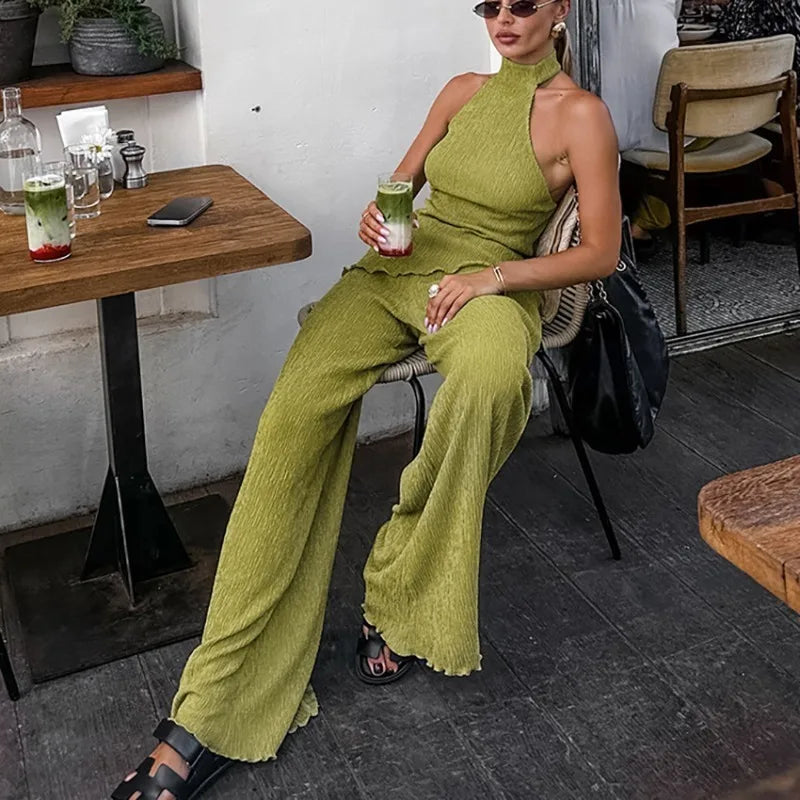 Hanging Green Pants Set Sleeveless Backless Personality Temperament Commuter Two-piece Set Summer New Women Pants Set