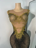 Sparkly Rhinestones Gold Black Long Dress Women Evening Prom Birthday Gown Sexy Transparent Performance Costume Stage Wear