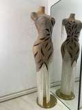 Sparkly Rhinestones Fringes Mesh See Through Maxi Dress Women Elegant Gowns Stage Night Club Celebrate Performance Costume