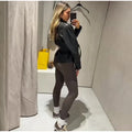 Women's Chic Lapel Oversized PU Leather Jacket Casual Full Sleeve Drop Shoulder Belted Coat Lady 2026 Spring Chic Streetwear