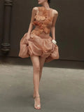 Fashion Orange 3D Floral Appliquet Mini Dress for Women Sleeveless O Neck Slim Sheer Tulle Puffed Skirt for Themed Parties
