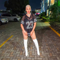 Fashion Sheer Netting Fishnet Fabric See Through T-Shirt Sexy Rhinestone Number Tee Top for Women Summer Streetwear Shirts