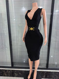 High Quality Women Sleeveless Sexy Tank V-Neck Bodycon Midi Bandage Dress Elegant Evening Party Office Lady Celebrate Outfit