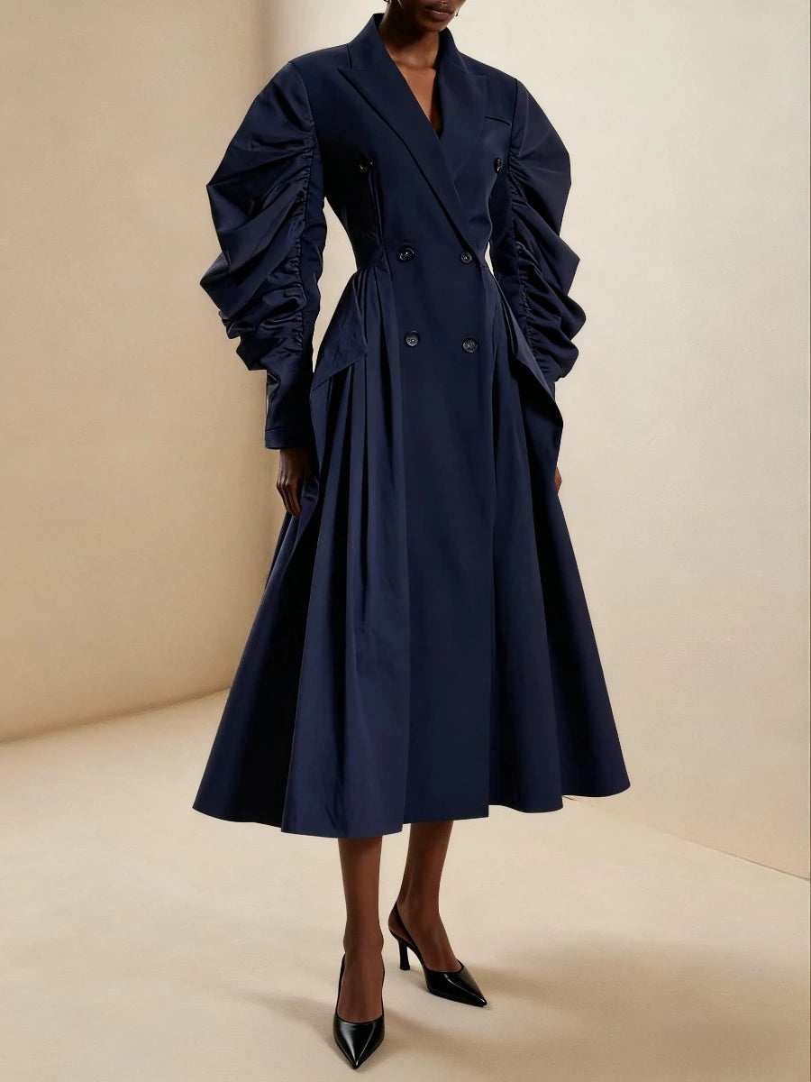 Retro Modern Tunic Design Coat for Women Lapel Puff Sleeve Splied Double Breasted Navyblue Midi Length Jackets Female Autumn