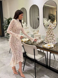 Elegant White Lace Midi Dress Women's Turtleneck Long Sleeve Ruched Bodycon Dresses Evening Party Cocktail Female Winter Autumn