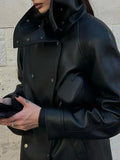 Black Slimming Leather Jacket for Women Lapel Long Sleeve Patchwork Double Breasted Fashionable Coat Female Autumn