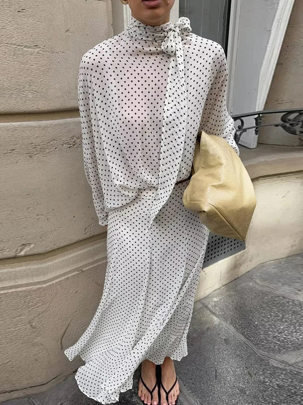 Solid Spliced Print Two Piece Set Female Turtleneck Long Sleeve Top French Commute Women's Skirt Sets Fashion New