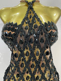 Sexy Sparkly Diamonds Black Mesh Transparent Top Dress Two Piece Set Women Evening Party Celebrate Birthday Photo Shoot Wear