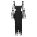 Women's Black Sheer Mesh Trumpet Sleeve Square Neck Waist-Cinching Dress Elegant Evening Performance Gown Vestidos De Bienvenida