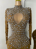 Sparkly Rhinestone Women Sexy Mesh See Through Floor Length Long Sleeve Birthday Dress Party Nightclub Stage Wear