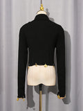 Fashion Spliced Metal Pin Two Piece Set for Women Stand Collar Long Sleeve Pullvers Mid Waist Bodycon Knee Skirt Suit Female