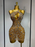 Sexy Sparkly Diamond Backless Short Dress 2025 Women Sleeveless Mesh See Through Evening Birthday Gown Singer Stage Outfit