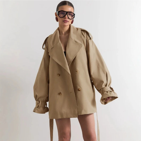Women's Double Breasted Trench Coat Lapel Waist-Cinching Lace Up Mid Length Windbreaker Jacket Autumn Casual Street Coat