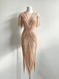 2026 New Crystal Tassel See Through Mesh Stretch Long Dress Sexy Banquet Dance Party Irregular Dress