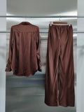 Brown Spliced Folds Two Piece Set Female Lapel Long Sleeve Shirt Vintage Commute Women's Trousers Sets Fashion New