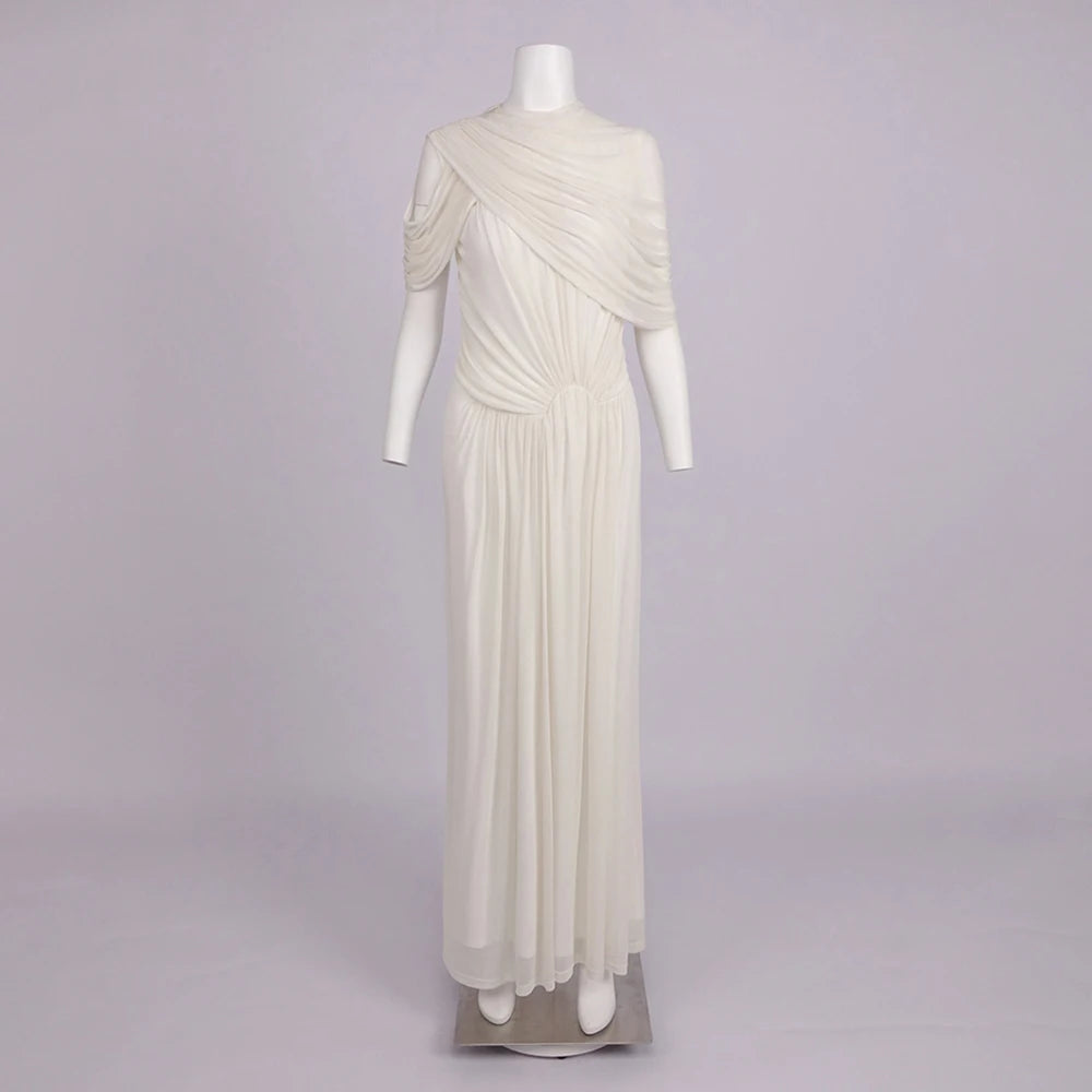 Apricot Spliced Mesh Folds Shawl Design Long Dresses For Women Sleeveless High Waist Temperament Maxi Dress Female 2026