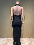 Elegant 3D Flower Applique Halter Maxi Dress Sexy Off Shoulder Backless Ruffled Bodycon Bandage Celebrity Evening Party Gowns