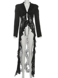 Jacquard Patchwork Long Coat Women Autumn Trend Elegant Irregular Hem Full Sleeve Bandages Dell V-Neck Chic Streewear