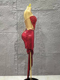Glamorous Sparkly Red Diamonds Sexy Tops Skirt 2 PCS Set 2025 Women Celebrate Party Birthday NightClub Performance Stage Outfit
