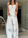 White Floral Print Two Piece Set Spaghetti Strap Ruffle Corset Top Strap Wide Leg Pants 2026 Summer Street Casual Women Outfit