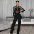 Sexy Rhinestone Patchwork Bodycon Jumpsuits Women Mesh See Through Long Sleeves Rompers Female Party Clubwear Overalls