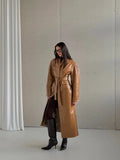 Plain Faux Leather Trench Coat Women V Neck Waist Lace Up Long Full Sleeve Back Split Jacket Winter Street Fashion Outfits 2026