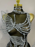 Sparkly Silver Diamonds 3D Butterfly Mesh See Through Mini Dress Women Eveing Party Birthday Bar Nightclub Sexy Stage Costumes