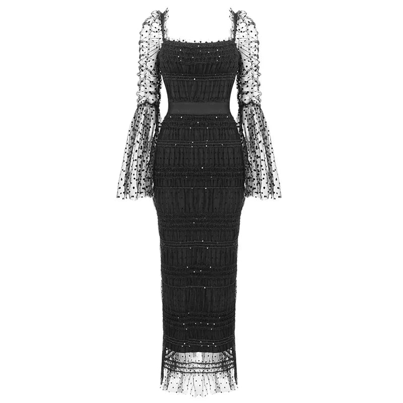 Women's Black Sheer Mesh Trumpet Sleeve Square Neck Waist-Cinching Dress Elegant Evening Performance Gown Vestidos De Bienvenida