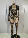 Sexy Sparkly Diamonds Leopard Print Bodycon Stretch Jumpsuit Women Eveing Party Nightclub Singer Dancer Stage Performance Outfit
