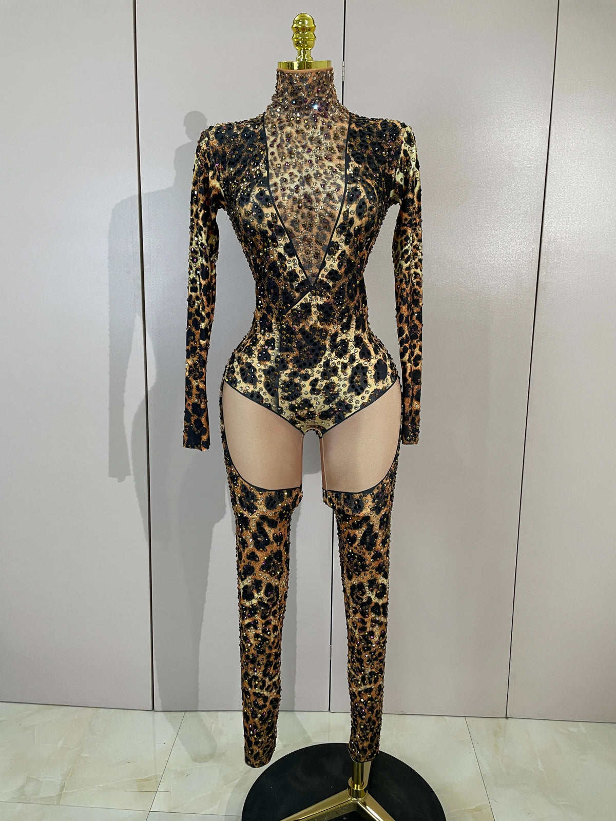 Sexy Sparkly Diamonds Leopard Print Bodycon Stretch Jumpsuit Women Eveing Party Nightclub Singer Dancer Stage Performance Outfit