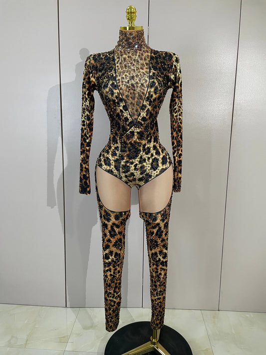 Sexy Sparkly Diamonds Leopard Print Bodycon Stretch Jumpsuit Women Eveing Party Nightclub Singer Dancer Stage Performance Outfit