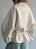 Apricot Jacquard Drawstring for Women Jackets Lapel Bubble Long Sleeve Peplum Hem Zip Up Jacket for Summer Casual