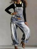 Women Denim Jumpsuit Sleeveless High Waist Baggy Rhinestone Irregular Patchwork Streetwear Party Summer