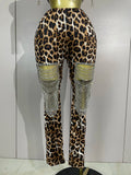 Sparkly Rhinestones Chains Leopard Print Bikini Top Pants Two Pieces Set Sexy Eveing Party Birthday Nightclub Dancer Stage Wear