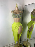 Sparkly Rhinestone Diamonds High Split Two Pieces Women Sexy Outfit Night Club Skirt Suits Dancer Singer Performance Costume