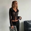 Patchwork Fur Collar Lace t-Shirt Women See Through Single-Breasted Full Sleeve v-Neck Skinny Sexy Midnight Crop Tops