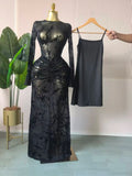 Women Long Sleeve Stacked Mesh with Lining Bodycon Cocktail Long Dress  Autumn Evening Birthday Sexy Party Dresses