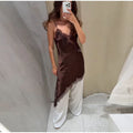 Sexy V-neck Sling Dress Women Fashion Sleeveless Lace Patchwork Irregular Mini Dresses Lady Summer Chic Casual Holiday Robe
