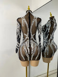 Sparkly Sequins Rhinestones Women Sexy Black Mesh See Through Long Sleeve Party Nightclub Performance Costume Stage Wear