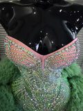 Mint Color Women Sexy Strapless Shining Rhinestones Ball Gown Mini Dress Cute Celebrate Birthday Party Performance Costumes