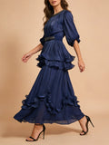Elegant Chiffon Layered Ruffles Design Dress for Women Short Sleeves Waist Belt Spliced Diamonds Accent for Afternoon Tea