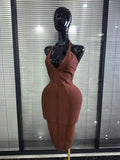 Brown Black Women Sexy Halter V-Neck Bodycon Midi Bandage Dress Bar Singer TV Show Performance Costumes Birthday Clothing