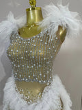 Luxury Sparkly Rhinestones Pearl Fringe Tassel Bodycon Bodysuits Birthday Photo Shoot Outfit DJ Nightclub Performance Stage Wear