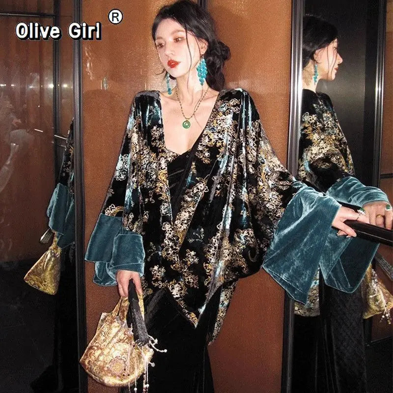 Gold Velvet Embroidery Contrasting Coat High-end Jacket Elegant Blue Gold+patchwork Dress for Women's Clothing Spring Autumn