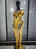 Pink Golden Women Sexy Mesh See Through Bodycon Long Dress 3D Leaves Celebrate Birthday Photoshoot Performance Costumes Wear