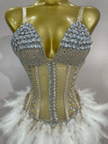 Sparkly Rhinestones Feathers Long Tail Bodysuits Sexy Mesh Transparent Stage Dress Evening Party Celebrate Luxury Birthday Dress