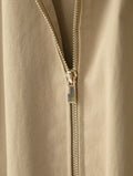 Women Khaki Hooded Cropped Zip‑up Jacket Faux Two‑inner Plaid Fabric Drawstring Bottom Coat Lady Autumn Casual Commute Outfits